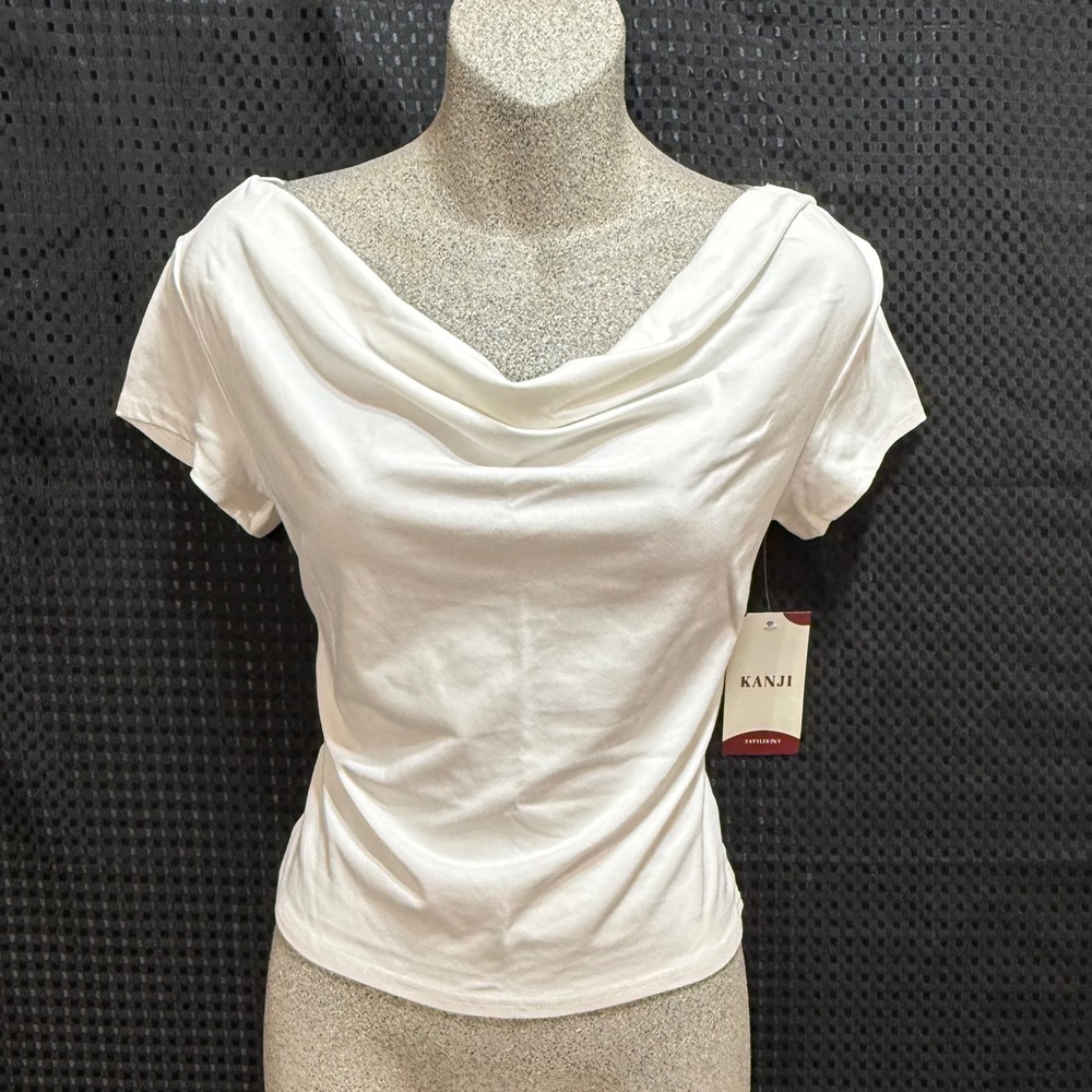 Kanji Cowl Neck Top Womens XL White Short Sleeve Minimalist Capsule Office